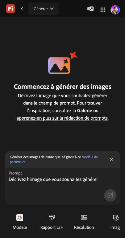 Adobe Firefly image generator app with prompt field, model controls, aspect ratio, resolution, and image input