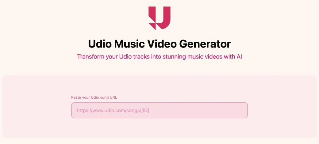 AI Music Video Generator logged-in Udio import screen with a song URL field