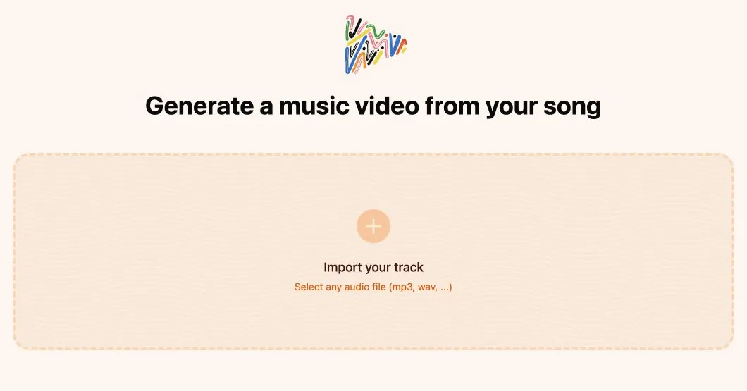 AI Music Video Generator logged-in upload screen for importing an MP3 or WAV track