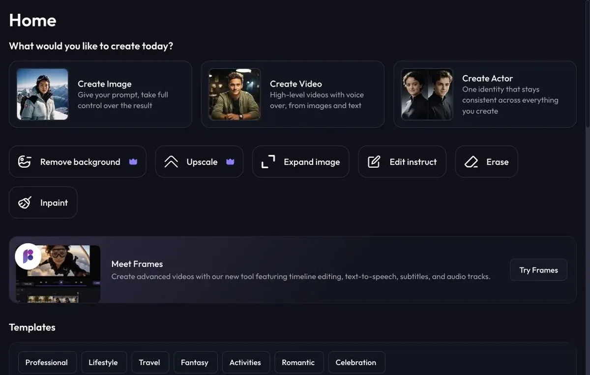 Artflow app dashboard with Create Image, Create Video, Create Actor, editing tools, Frames, and templates