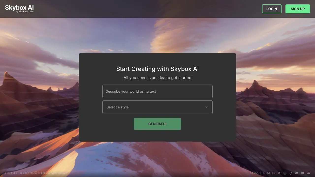 Skybox AI generation start screen with prompt, style selector, and Generate button