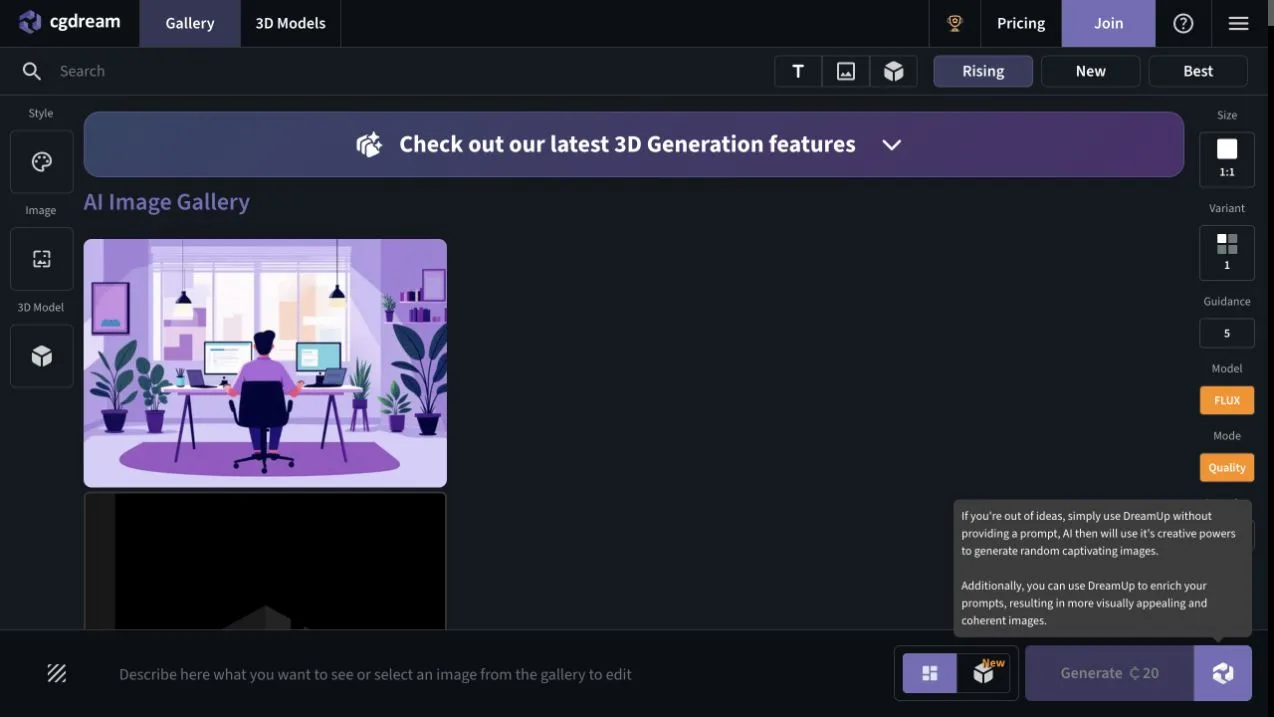 CGDream app with text, image, and 3D generation filters, prompt composer, model controls, and credit cost