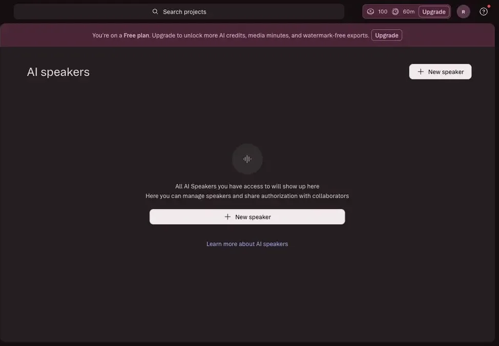 Descript AI speakers page in the Free workspace