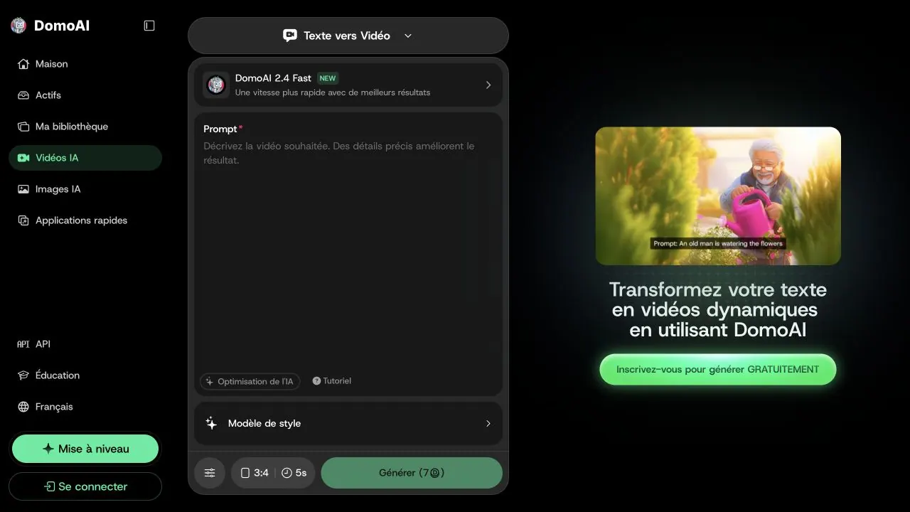 Domo AI text-to-video app showing model selector, prompt field, AI optimization, style template, aspect ratio, duration, and generate credits