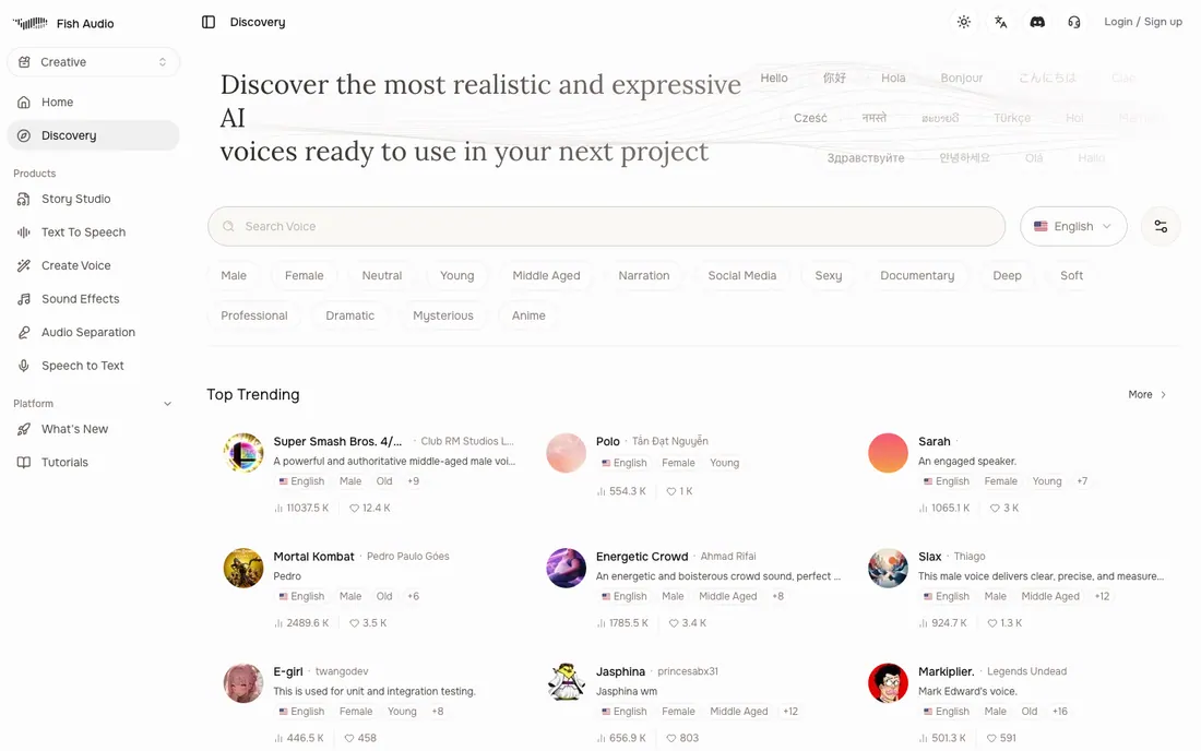 Fish Audio app voice library with filters and trending voice models