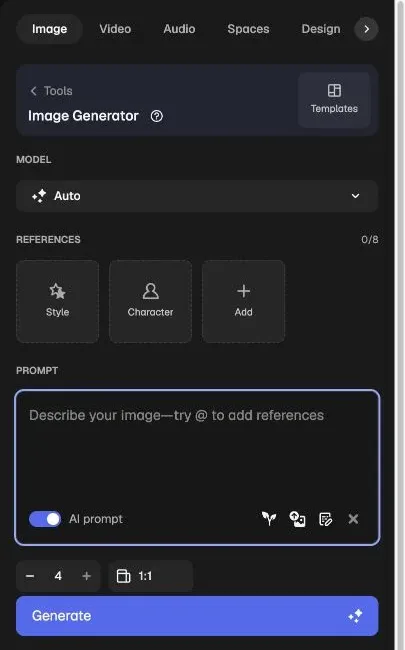 Freepik Magnific AI image generator app with style, character references, prompt, generation count, and ratio controls