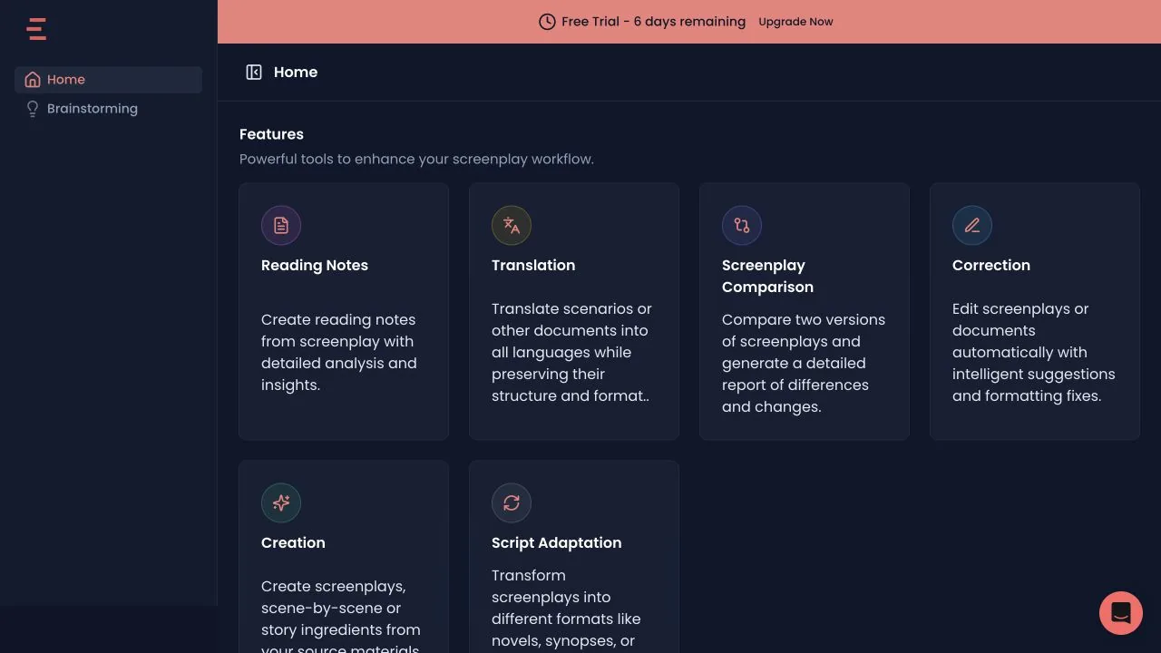 Genario signed-in dashboard with screenplay analysis, translation, comparison, correction, creation, and adaptation tools