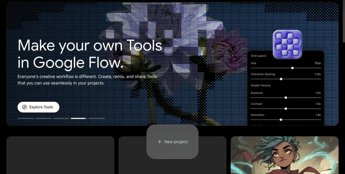 Google Flow logged-in dashboard with Flow Tools, project cards, and the New project entry point
