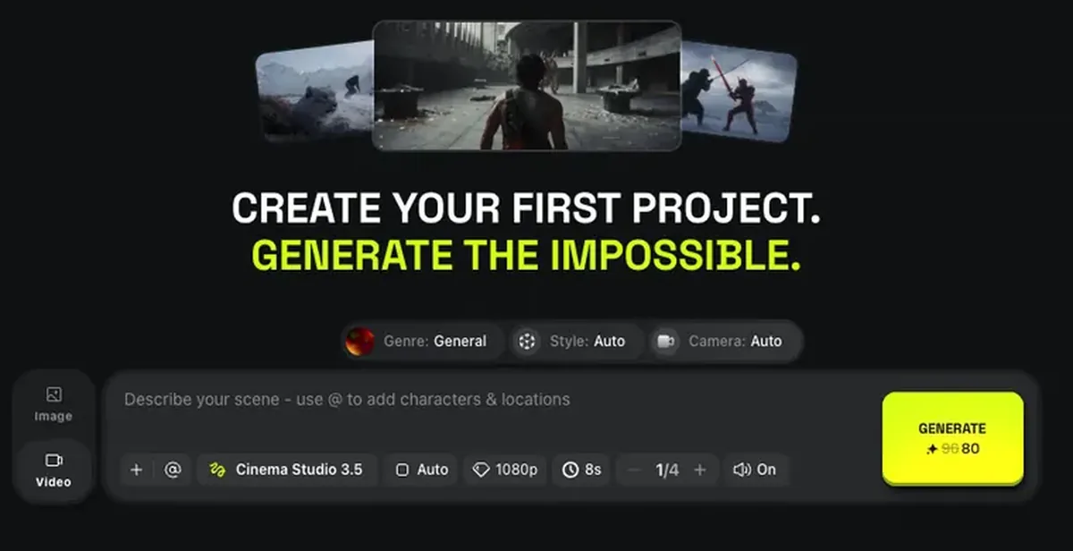 Higgsfield Cinema Studio prompt interface with model, duration, resolution, audio, and credit controls