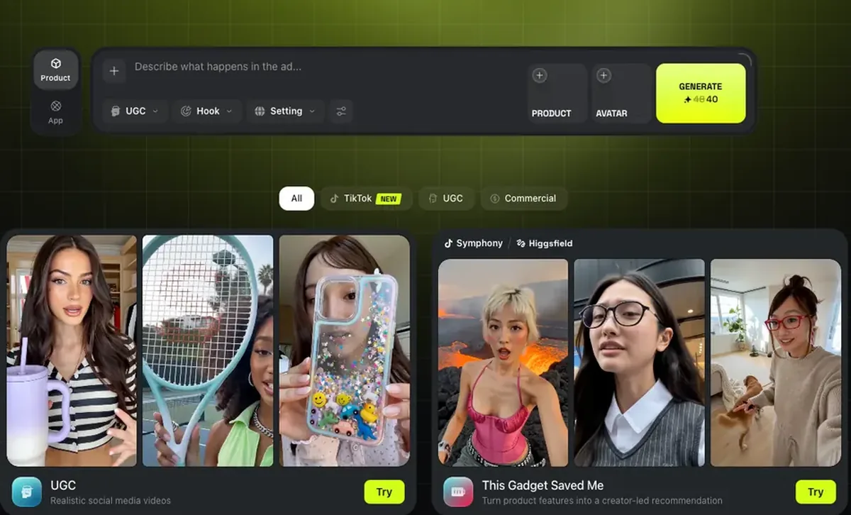 Higgsfield Marketing Studio product ad generator with UGC and product controls