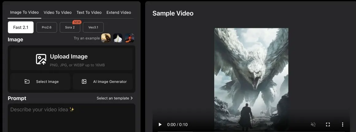 ImageMover AI generator form with model tabs, image upload, prompt box, duration, resolution, and sample video