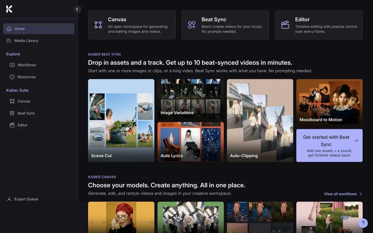 Kaiber connected dashboard with Canvas, Beat Sync, Editor, workflow cards, and media library