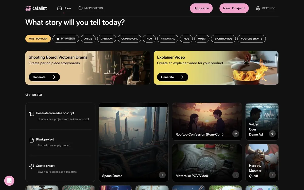 Katalist connected dashboard with storyboard templates, project creation, presets, and generated story formats