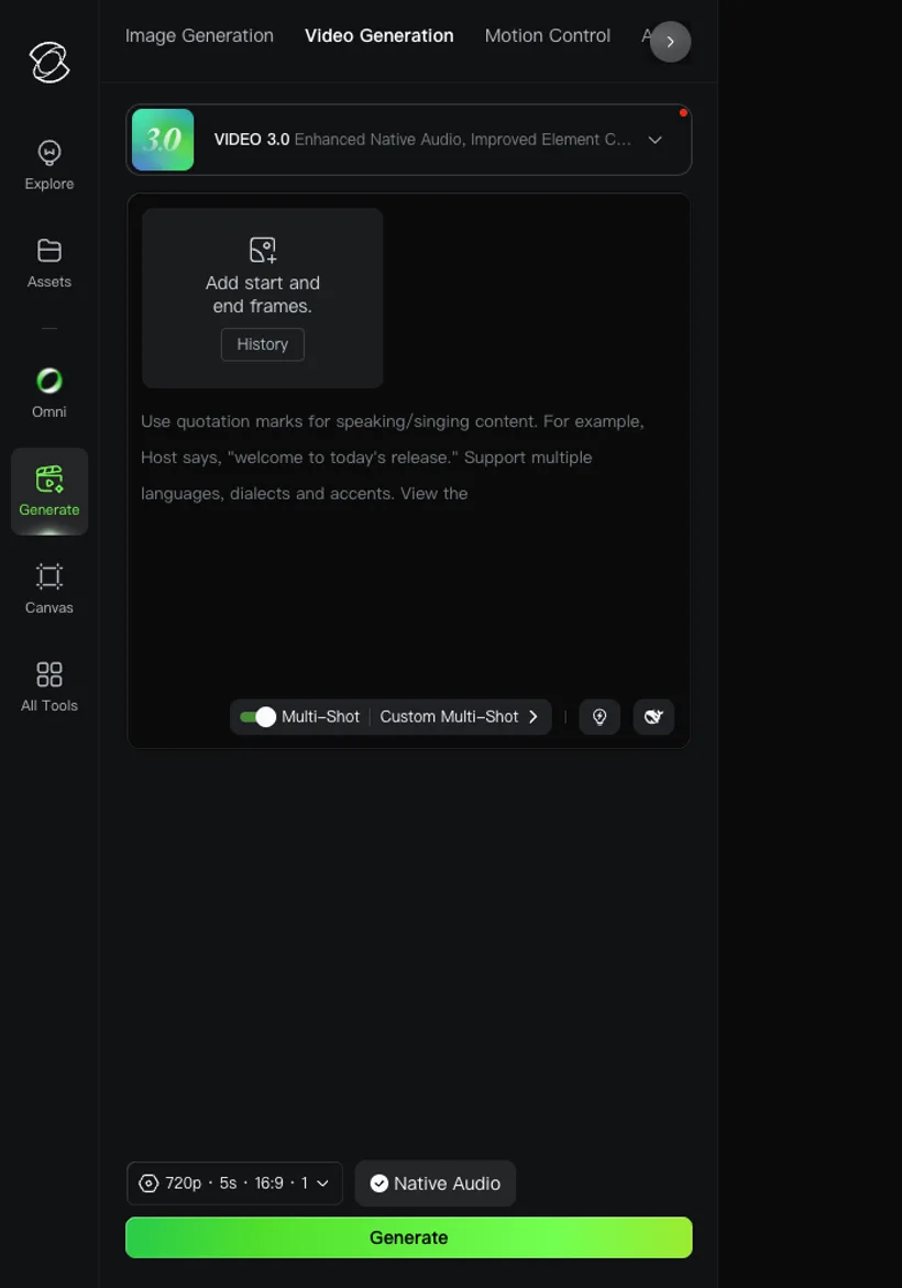 Kling AI's VIDEO 3.0 generator shows start/end frames, Multi-Shot, Custom Multi-Shot, native audio, duration, aspect ratio, and the main generation controls.