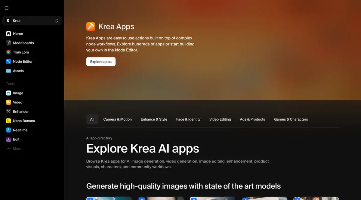 Krea Apps directory with image, video, enhancer, Nano Banana, realtime, edit, LoRA, and node editor tools
