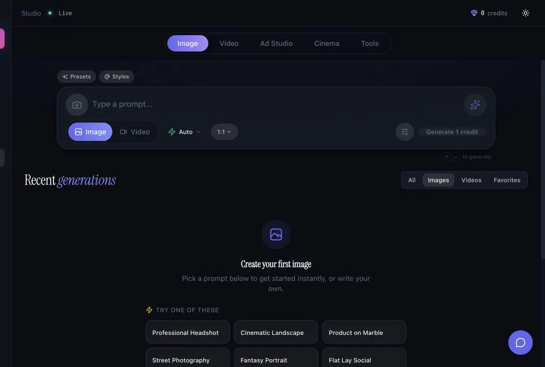 LensGo Studio dashboard showing the image prompt composer, recent generations, prompt starters, and credit counter.
