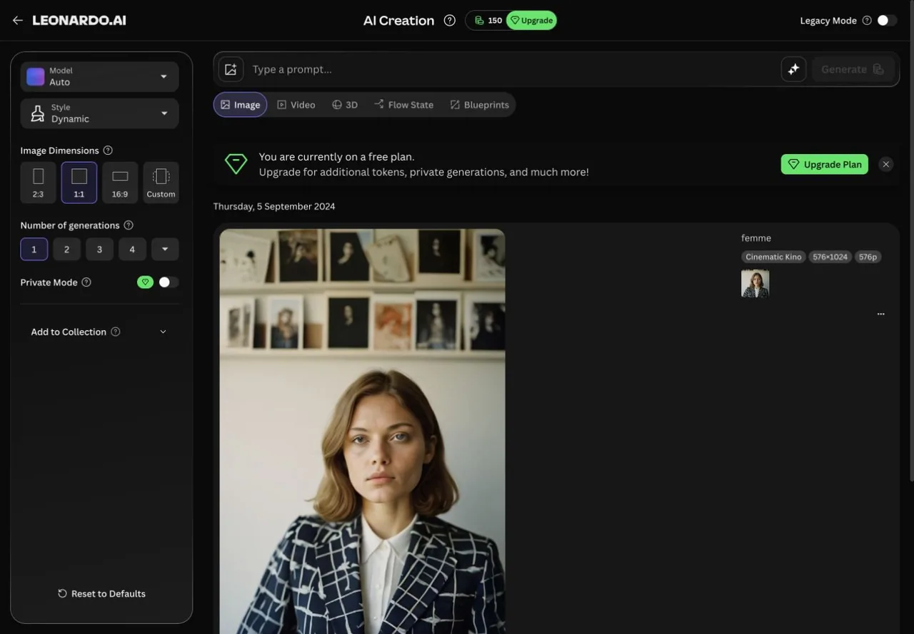 Leonardo AI image generator with model settings, prompt box, token balance, reference controls, and recent generations
