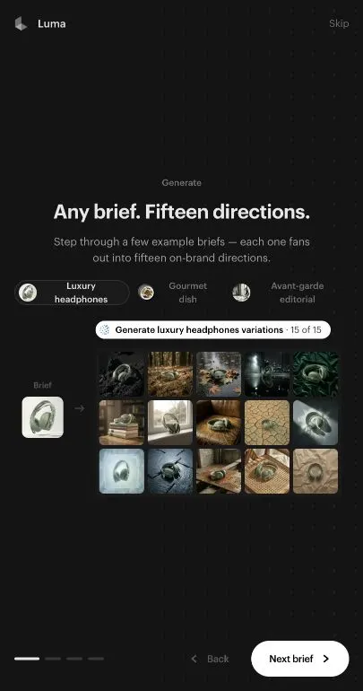 Luma app welcome surface showing example creative briefs and generated direction tiles
