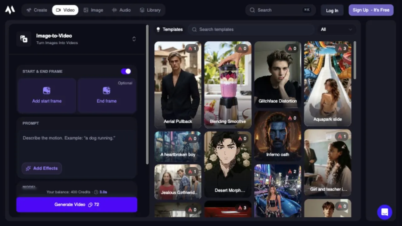 Magic Hour Image-to-Video app with start and end frame upload, prompt, model settings, credits, and templates