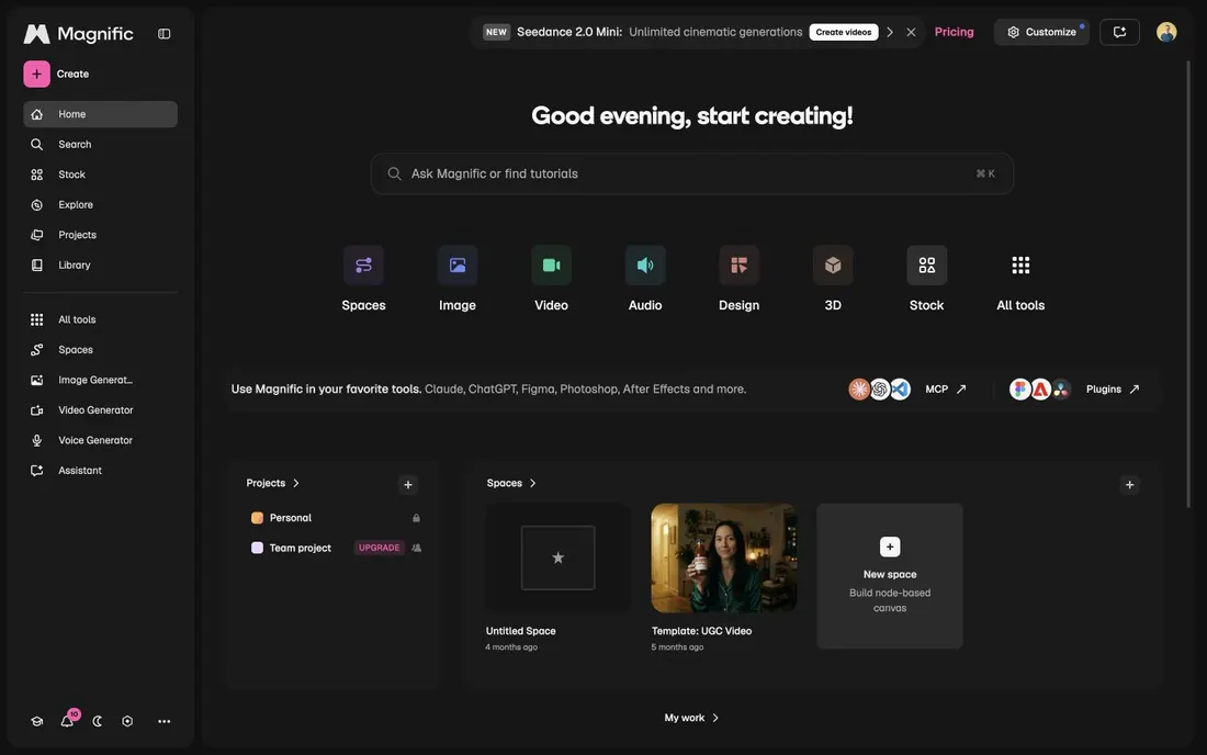 Magnific logged-in app dashboard showing Spaces, Image, Video, Audio, Design, 3D, Stock, MCP, and Plugins