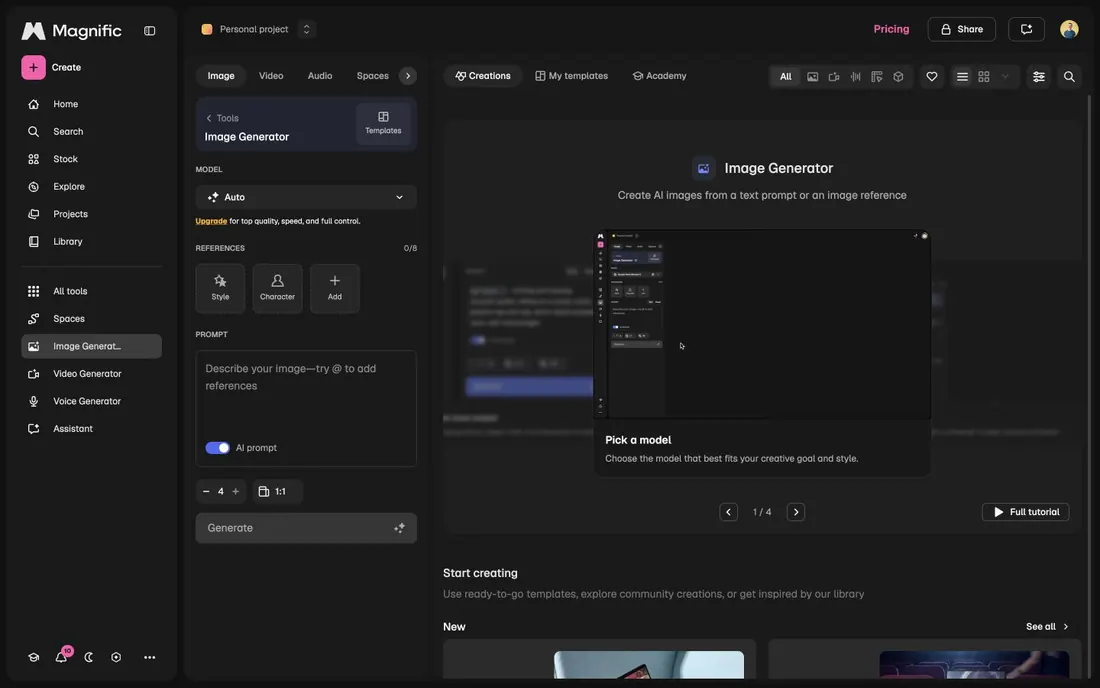 Magnific Image Generator showing model selector, references, style, and prompt controls