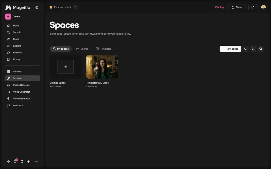 Magnific Spaces workspace with node-based generative projects and templates