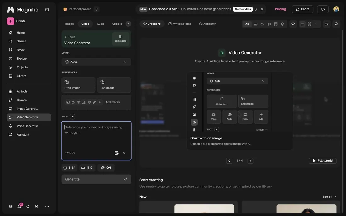 Magnific Video Generator showing references, prompt field, shot controls, and model selector