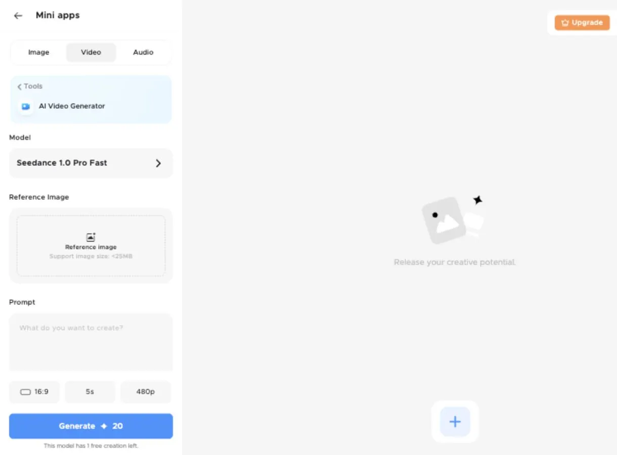 Morph Studio AI Video Generator app with model, reference image, prompt, ratio, duration, and credit cost