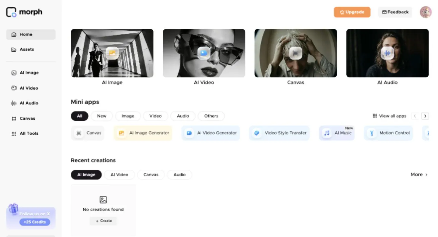 Morph Studio connected app dashboard with AI Image, AI Video, Canvas, AI Audio, mini apps, and recent creations