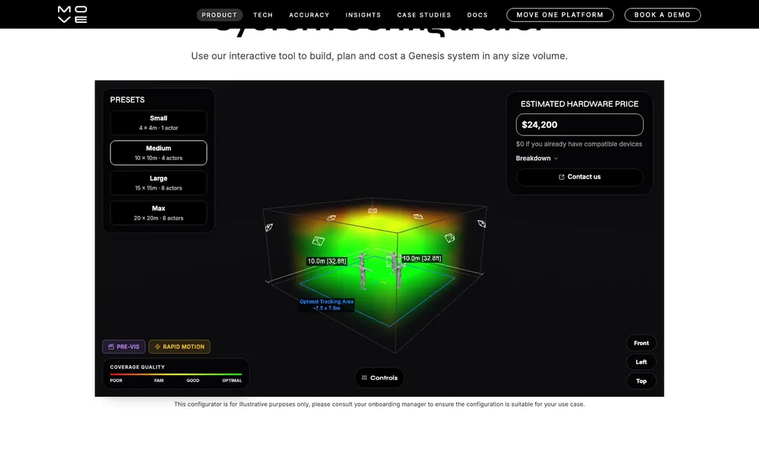 Move AI Genesis system configurator showing capture presets and hardware setup options