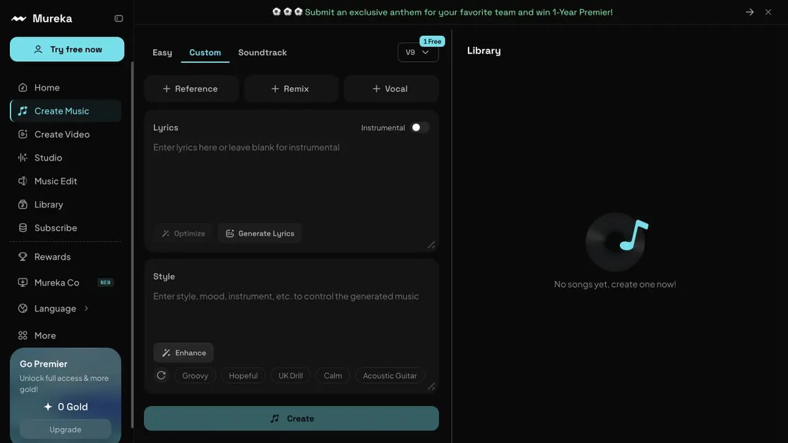 Mureka Create Music app with Custom mode, V9, lyrics, style controls, vocal options, Gold balance, and library