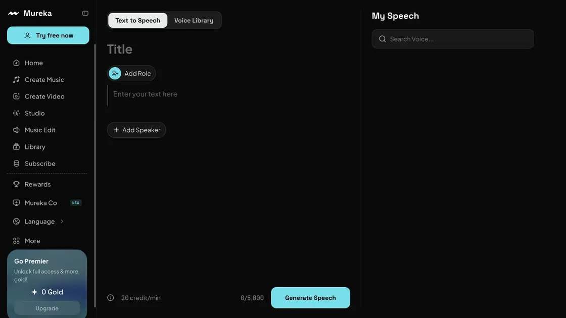 Mureka Text to Speech app with voice library, speaker roles, credit rate, and generate speech controls