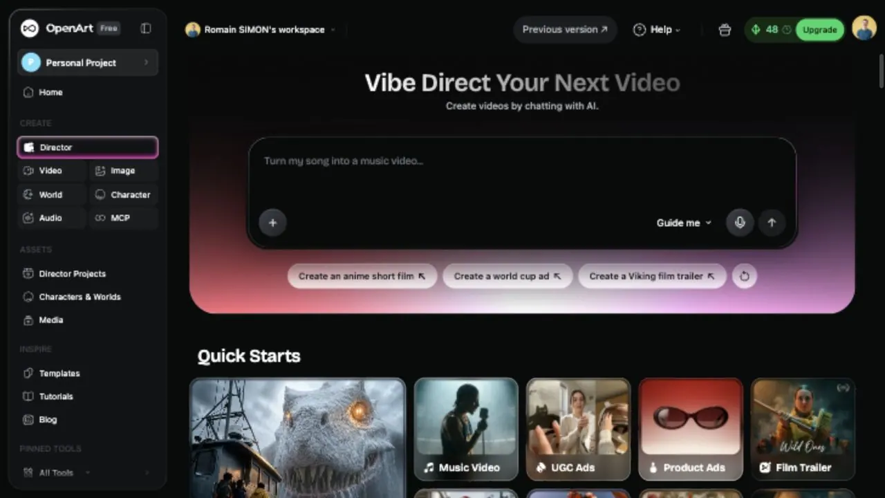OpenArt Director app with short film, music video, UGC ads, product ads, film trailer, and social content quick starts