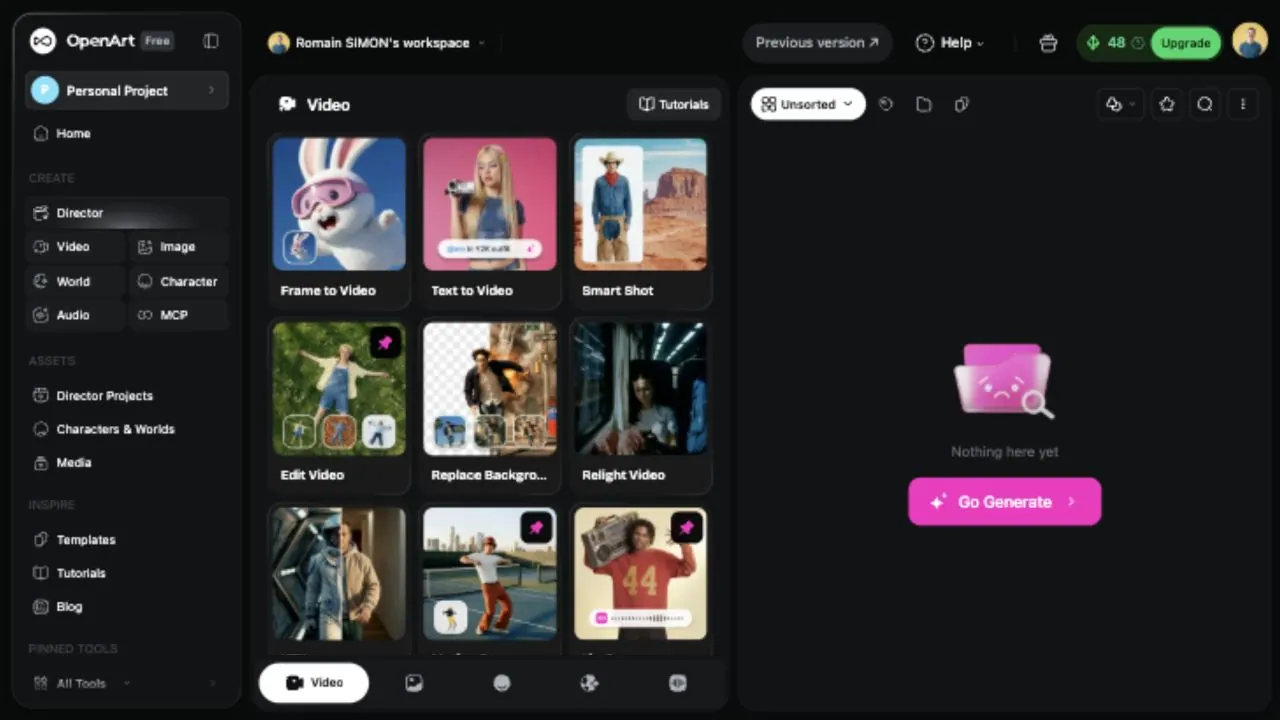 OpenArt video generator app showing frame-to-video, text-to-video, Smart Shot, VFX, motion sync, lip-sync, and model options