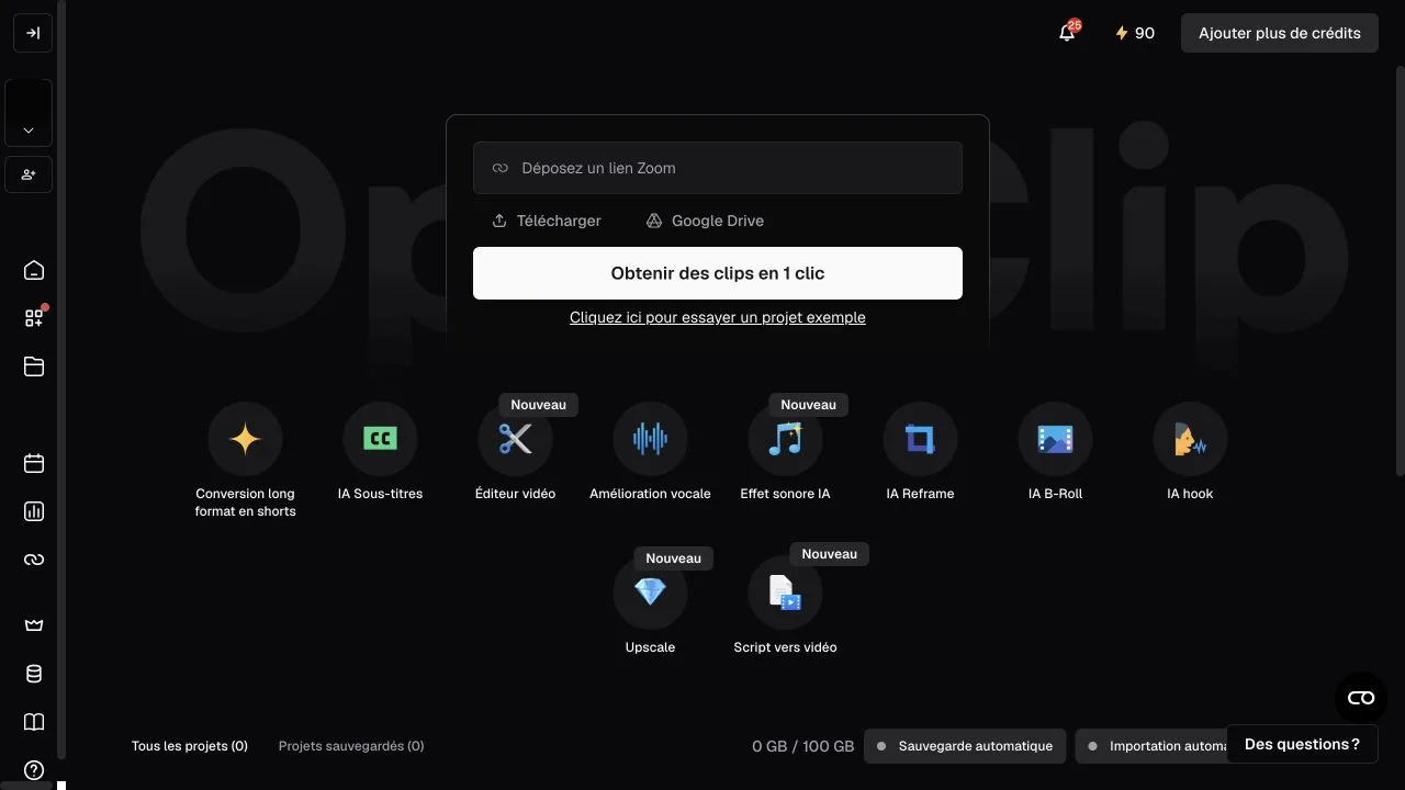 Opus Clip logged-in dashboard with link upload, Google Drive import, AI clipping, subtitles, editor, voice enhancement, B-roll, hooks, and sample projects
