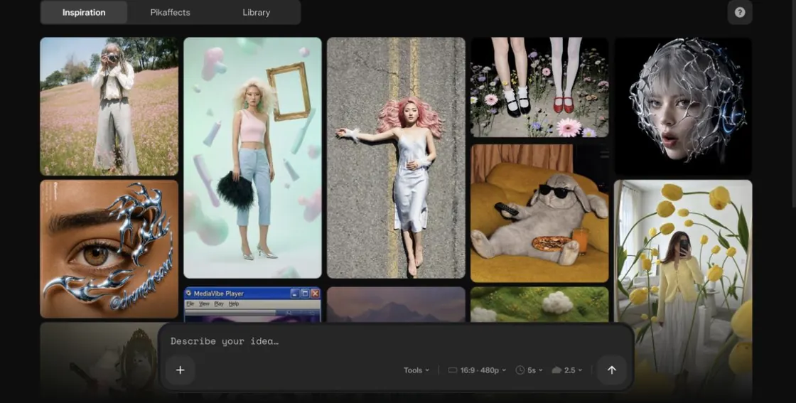 Pika Inspiration app with remixable examples, prompt composer, tools, 16:9 480p, 5 second duration, and Pika 2.5