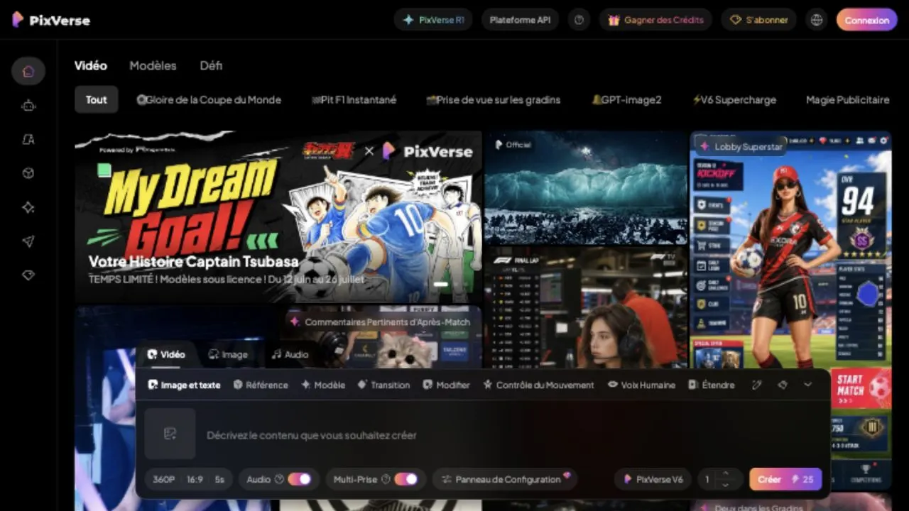 PixVerse app video generator showing PixVerse V6, prompt, image/text/reference/model tools, audio, MultiShot, and 25-credit create cost