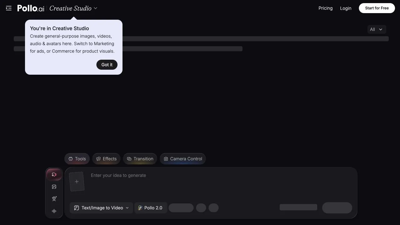 Pollo AI creative studio with generation tools, effects, camera controls, and a text/image-to-video prompt composer