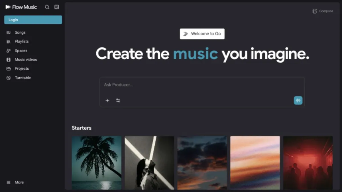 Riffusion now redirects to Google Flow Music with a Producer composer and AI music creation interface