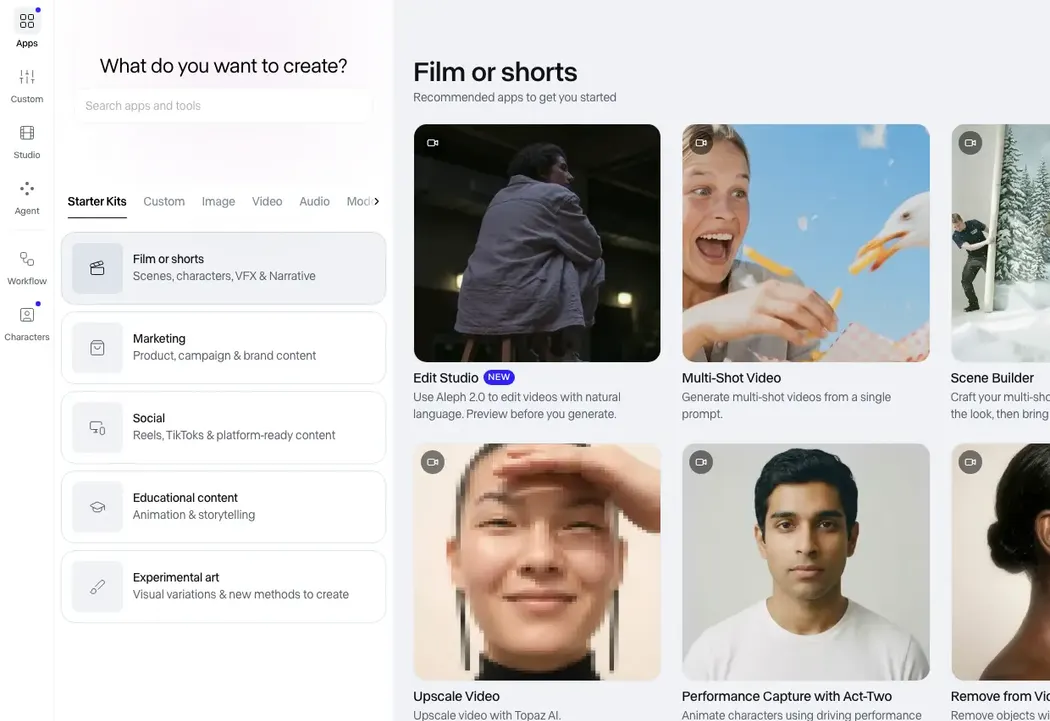 Runway app starter kits for film, shorts, editing, multi-shot video, and scene building
