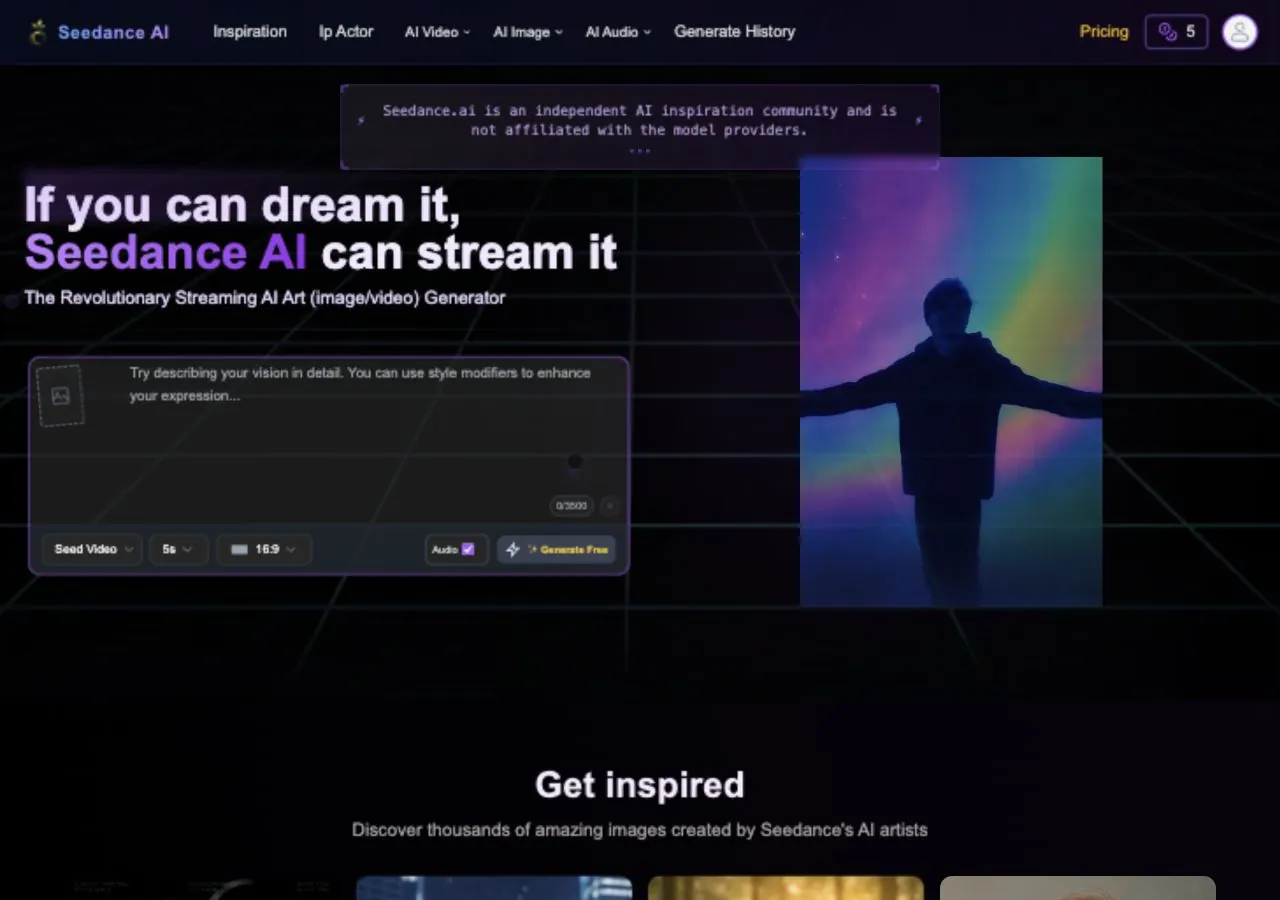 Seedance connected generator with prompt composer, Seed Video mode, credits, model navigation, and independent disclaimer