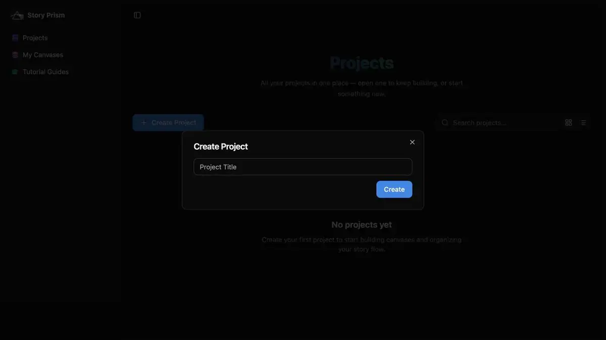 Story Prism create project modal for starting a new writing workspace