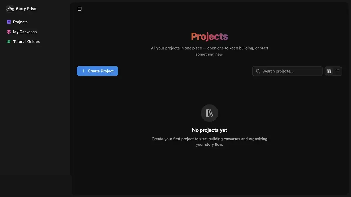 Story Prism projects dashboard for organizing story workspaces