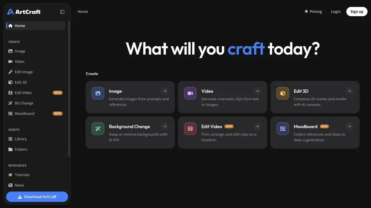ArtCraft web app entry with image, video, edit 3D, edit video, and moodboard tools