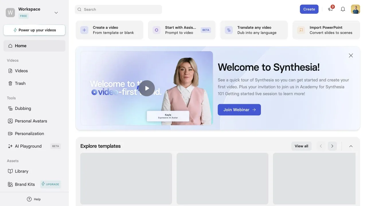 Synthesia free workspace dashboard with Create, Assistant, Dubbing, PowerPoint import, templates, and sidebar navigation