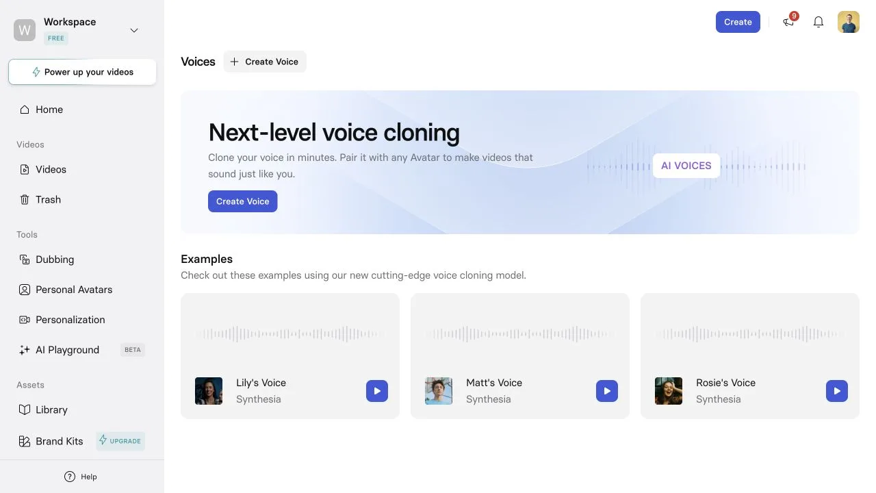Synthesia voices page with voice cloning, Create Voice controls, and example voice cards