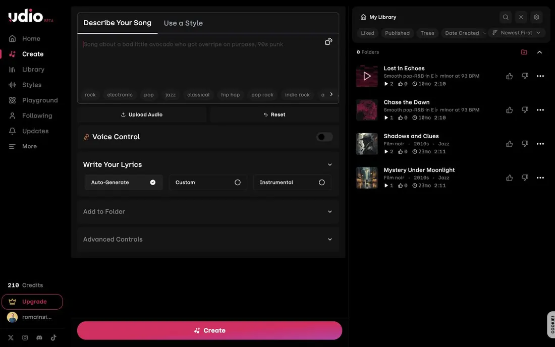 Udio Create app showing prompt composer, Voice Control, lyrics modes, credits, and library