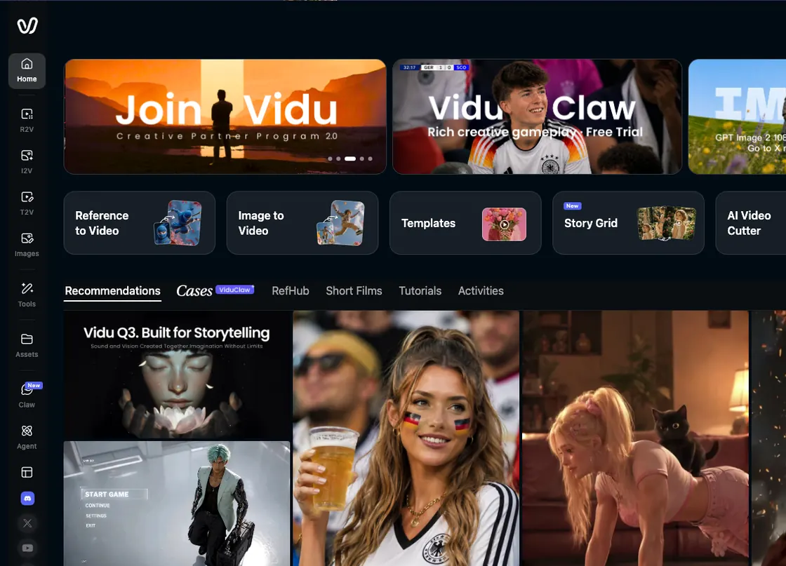 Vidu dashboard with Reference to Video, Image to Video, Templates, Story Grid, Vidu Claw, and example generations